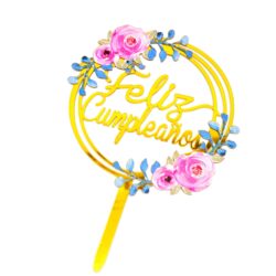 Topper Acrílico Feliz Cumpleaños Dorado con Flores xU.